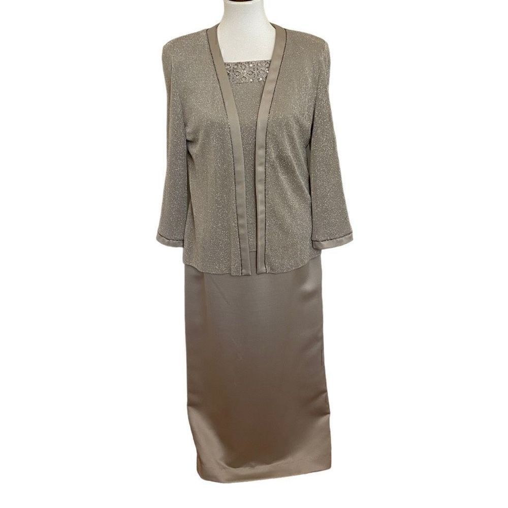 Alex Evenings Silver Taupe Formal Long Maxi Dress w/ Cardigan Metallic Shimmer 1
